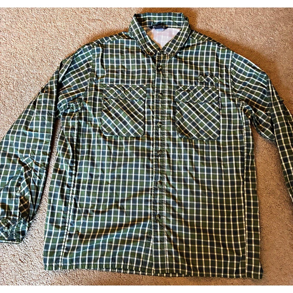 ExOfficio Men's Plaid Green Blue White Long Sleeve Pockets Button-Up L